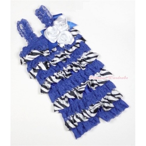 Royal Blue Zebra Satin Ruffles Petti Rompers With Straps With Big Bow & Bunch Of White Satin Rosettes& Crystal LR154 